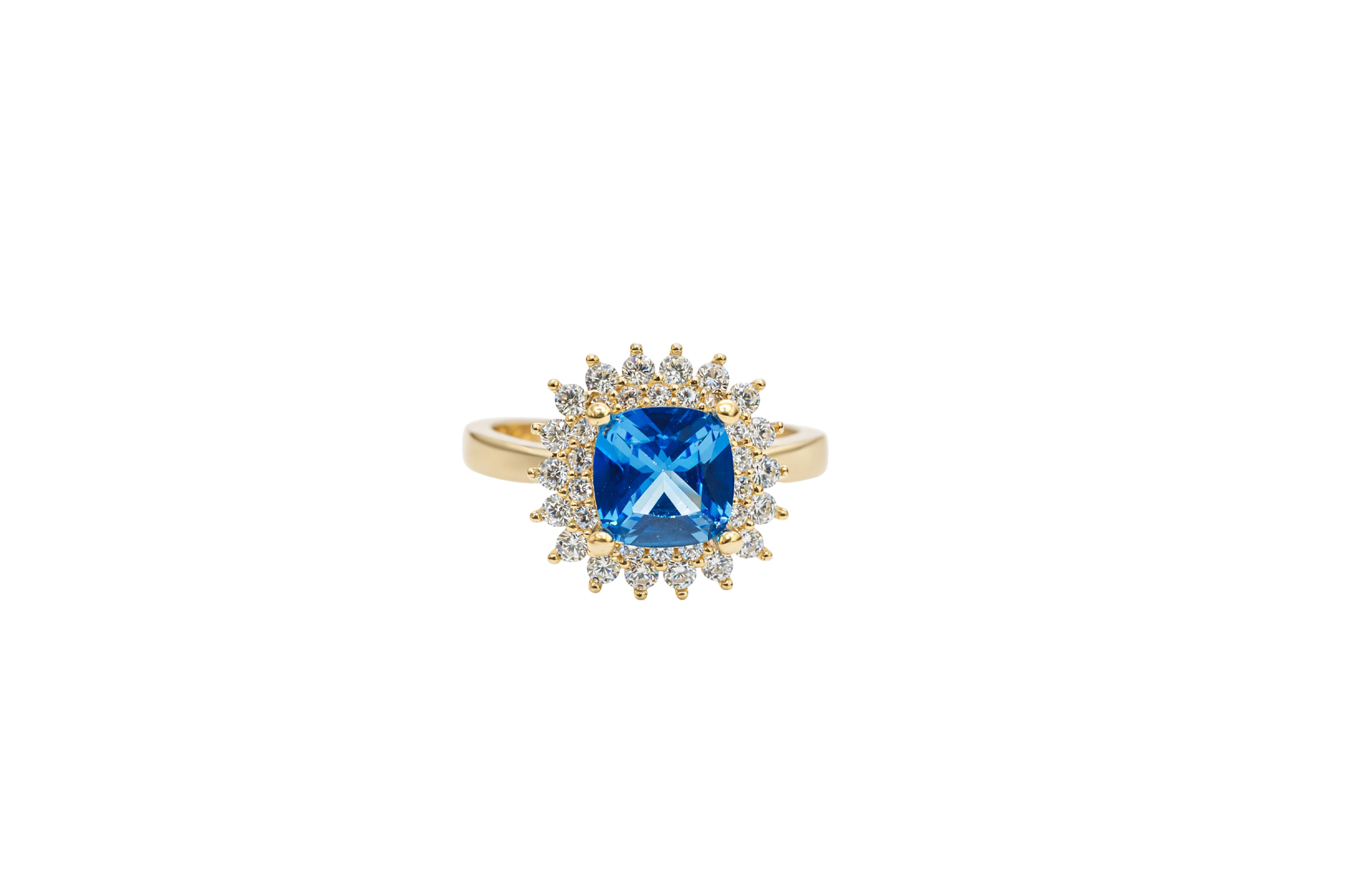 14KT Gold Ring Women's Square Turquoise Center CZ with Round Double CZ Border Plain Band
