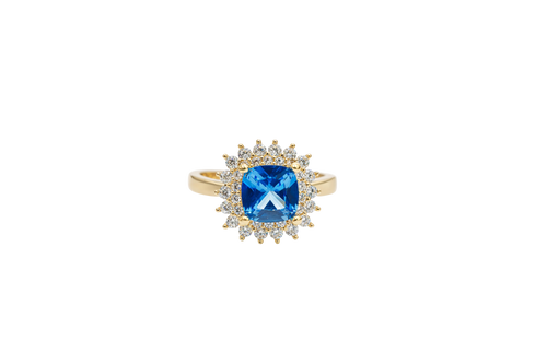 14KT Gold Ring Women's Square Turquoise Center CZ with Round Double CZ Border Plain Band