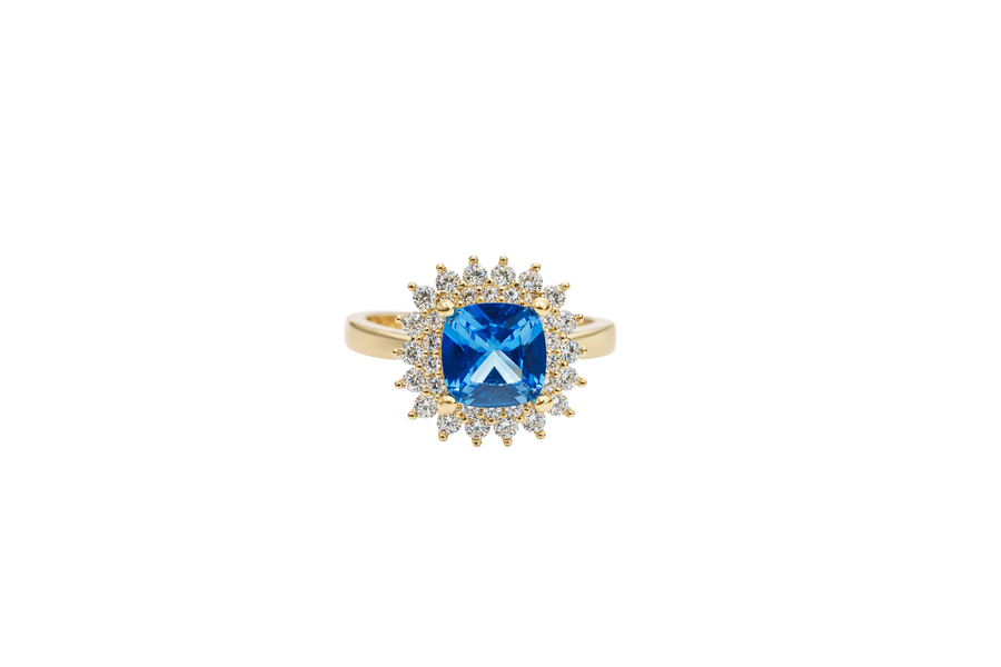 14KT Gold Ring Women's Square Turquoise Center CZ with Round Double CZ Border Plain Band