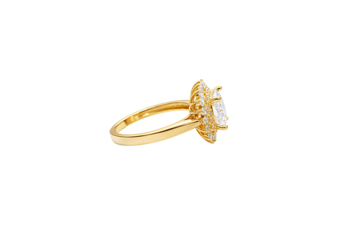 14KT Gold Ring Women's Square White Center CZ with Round Double CZ Border Plain Band