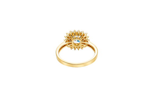 14KT Gold Ring Women's Square White Center CZ with Round Double CZ Border Plain Band