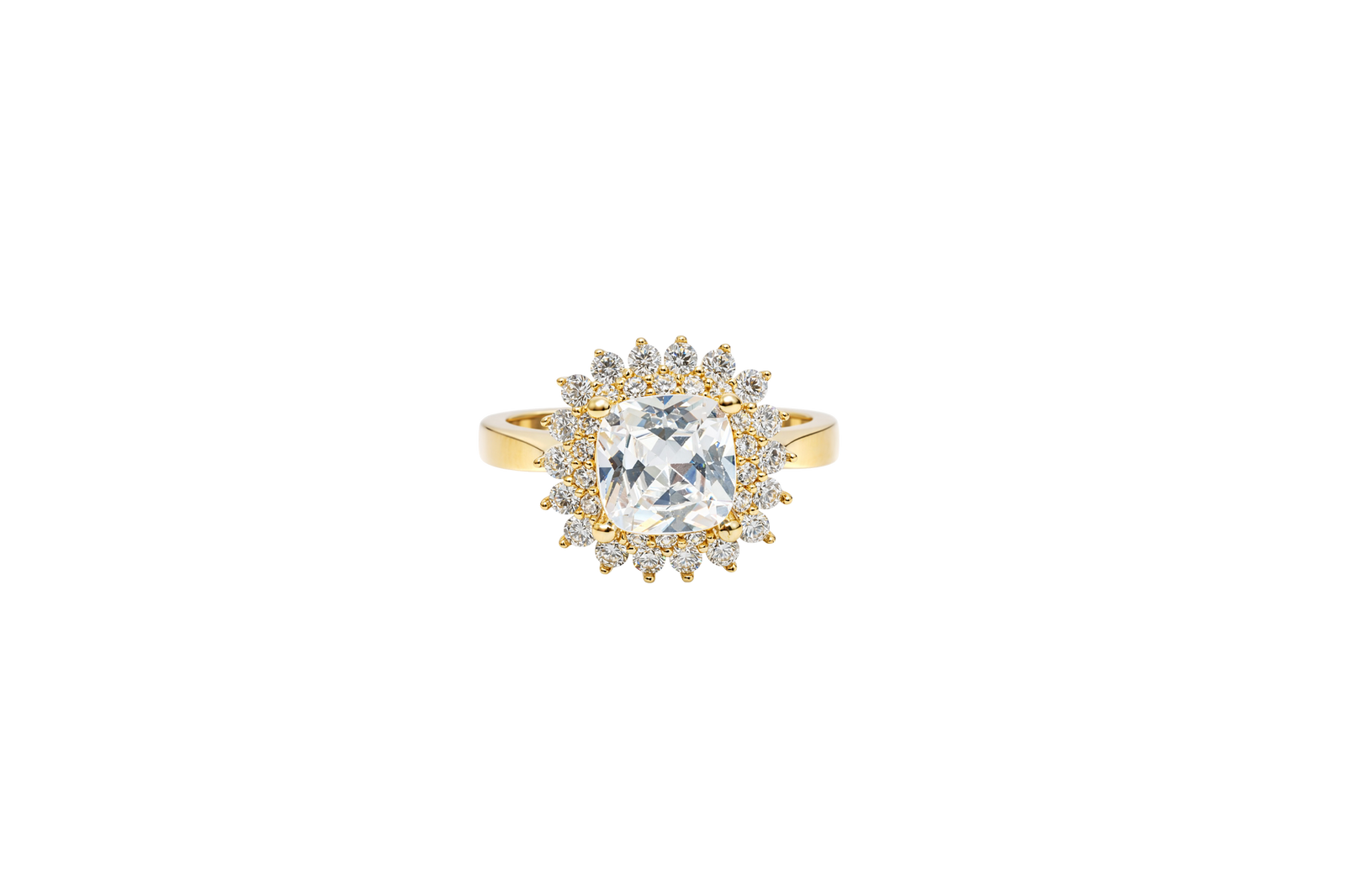 14KT Gold Ring Women's Square White Center CZ with Round Double CZ Border Plain Band