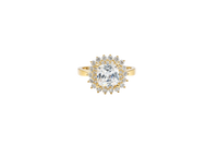 14KT Gold Ring Women's Square White Center CZ with Round Double CZ Border Plain Band