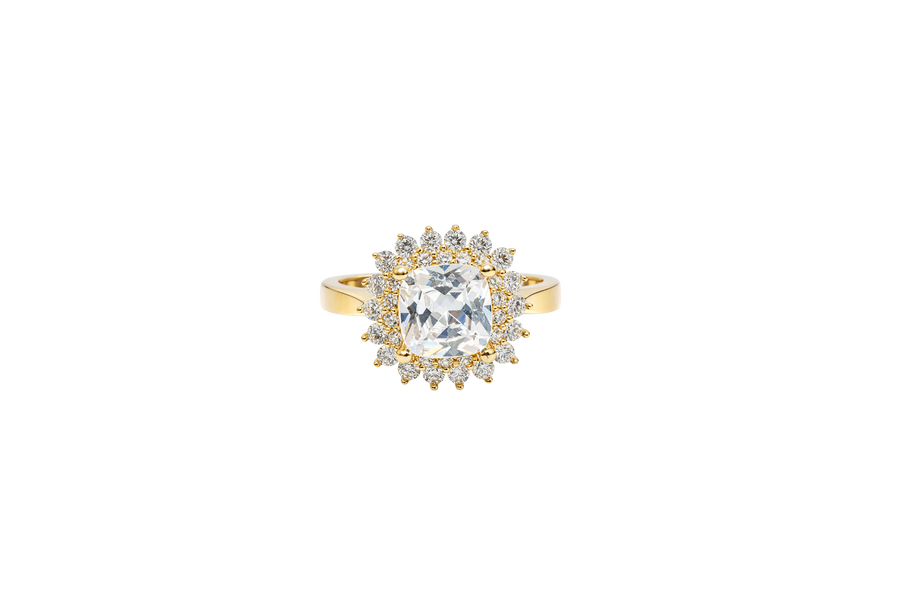 14KT Gold Ring Women's Square White Center CZ with Round Double CZ Border Plain Band