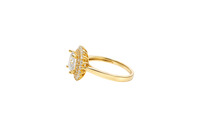 14KT Gold Ring Women's Square White Center CZ with Round Double CZ Border Plain Band