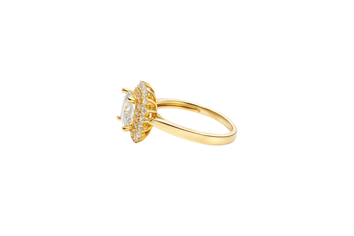14KT Gold Ring Women's Square White Center CZ with Round Double CZ Border Plain Band