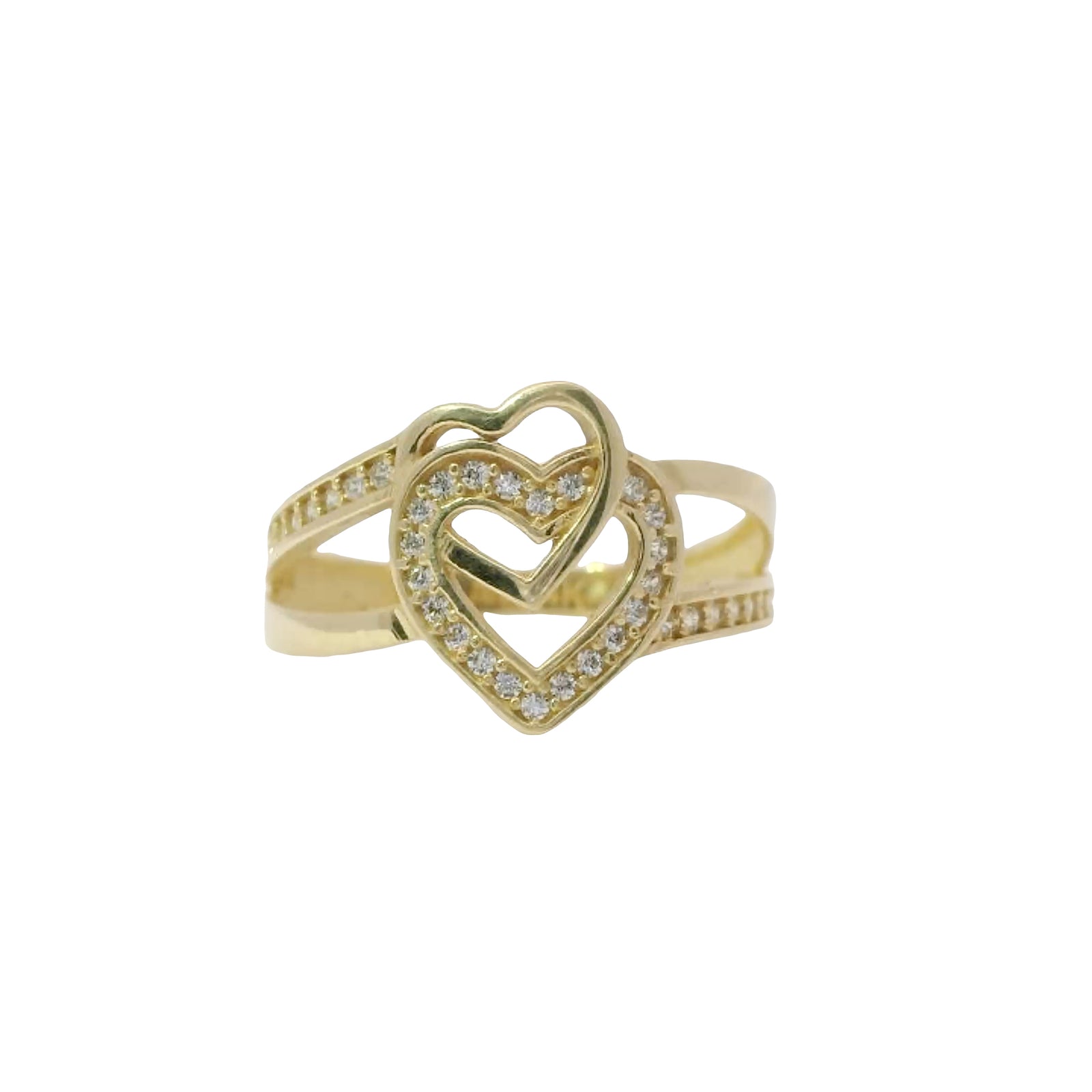 14KT Gold Ring Women's Stacked Double Open Hearts with Split White CZ Stones Borders and Split Band