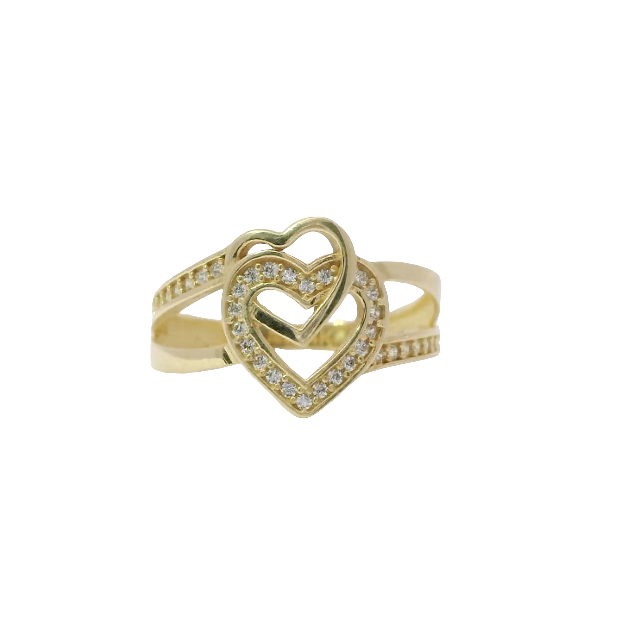 14KT Gold Ring Women's Stacked Double Open Hearts with Split White CZ Stones Borders and Split Band