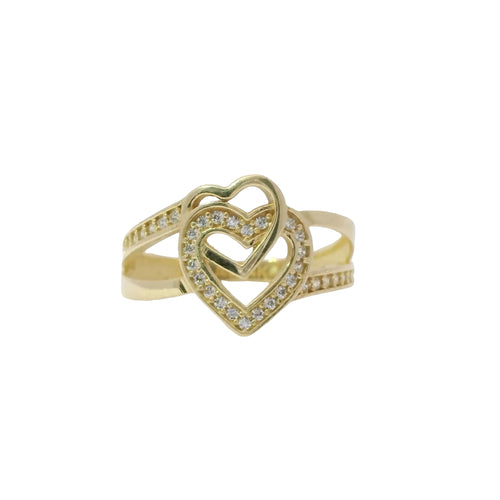 14KT Gold Ring Women's Stacked Double Open Hearts with Split White CZ Stones Borders and Split Band