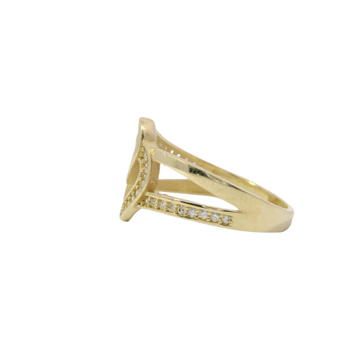 14KT Gold Ring Women's Stacked Double Open Hearts with Split White CZ Stones Borders and Split Band