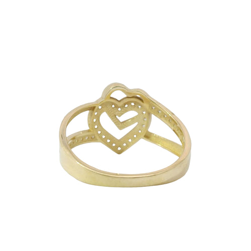 14KT Gold Ring Women's Stacked Double Open Hearts with Split White CZ Stones Borders and Split Band