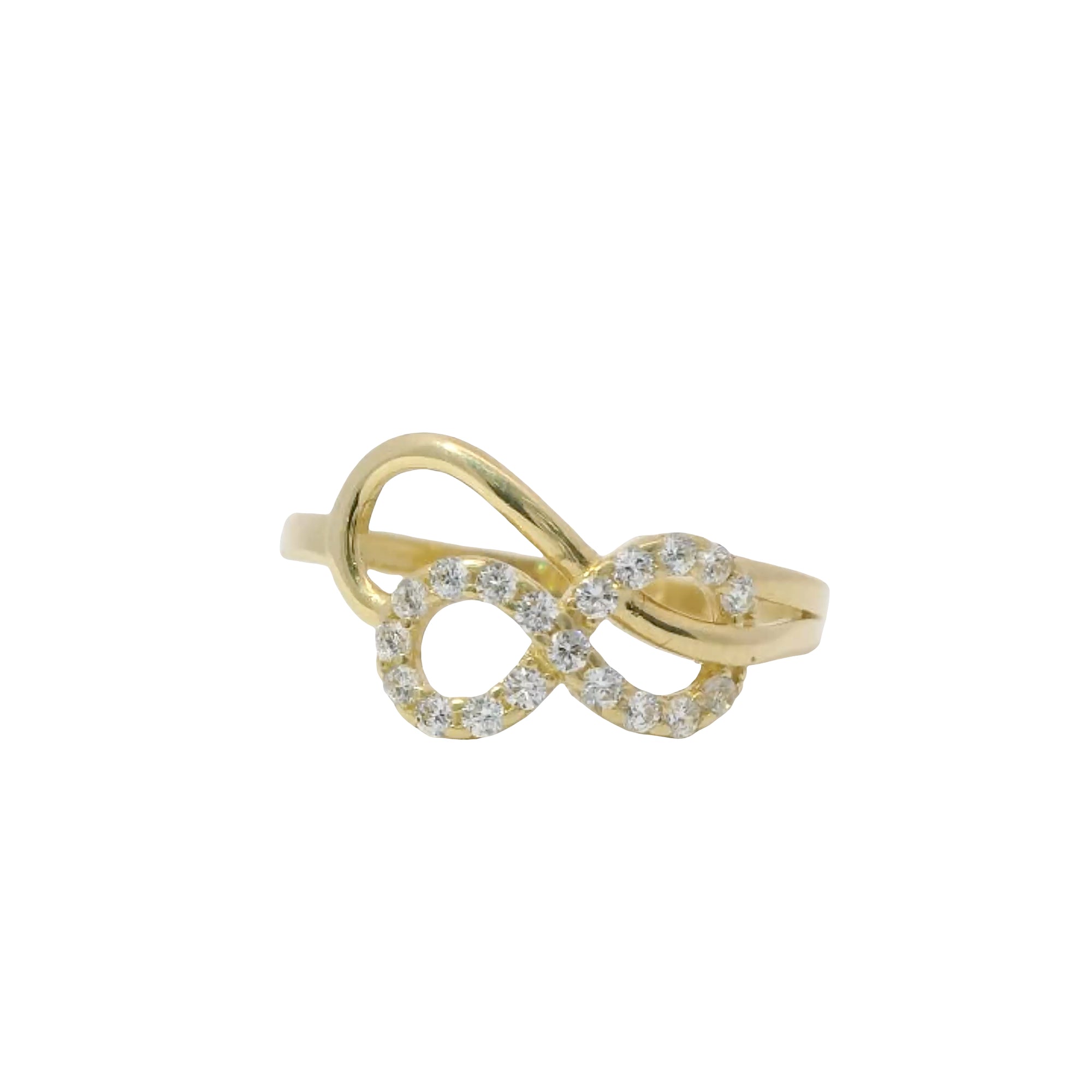 14KT Gold Ring Women's Stacked Infinity Loops One White CZ Stone One Plain