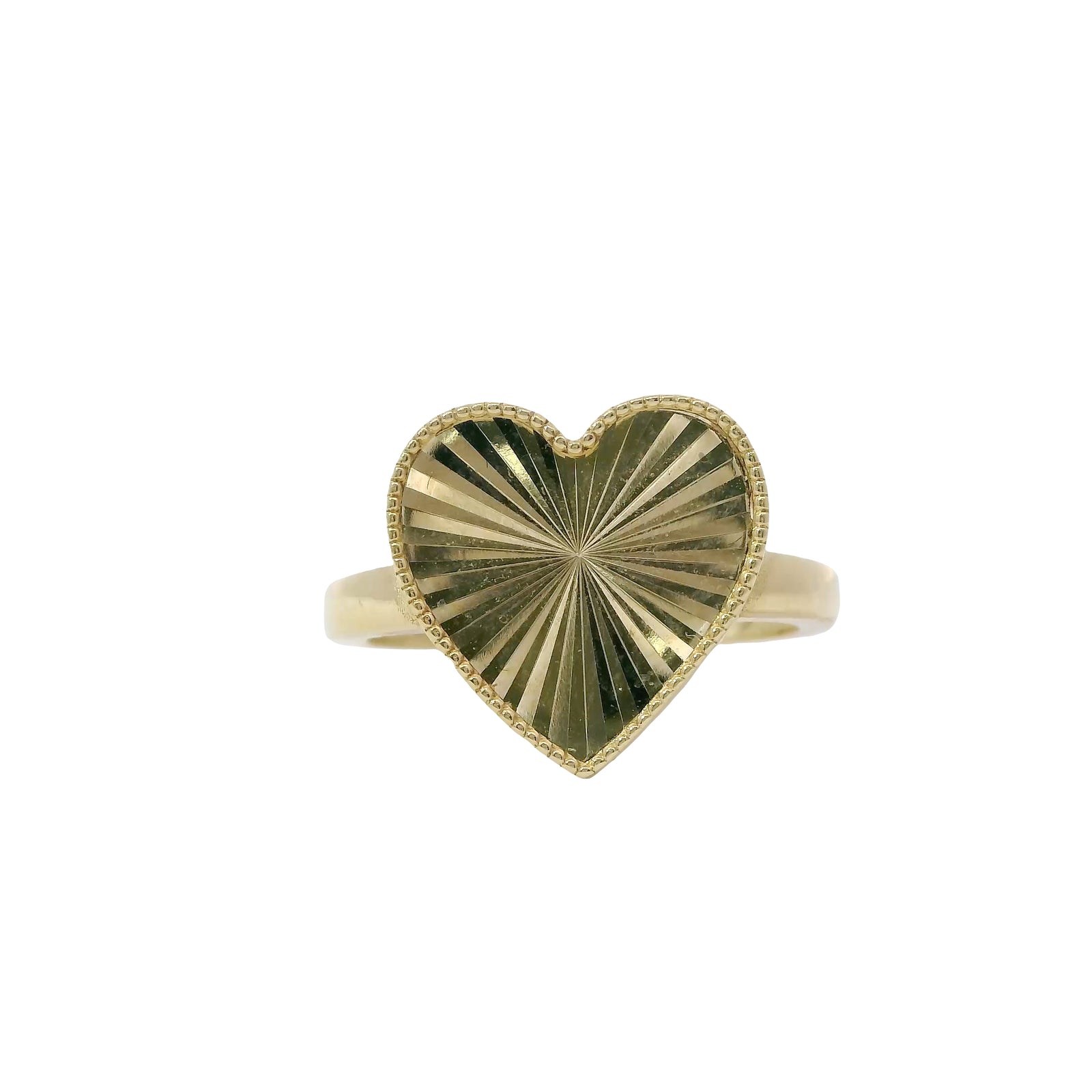 14KT Gold Ring Women's Sunray Heart Dotted Border Plain Band