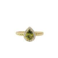 14KT Gold Ring Women's Yellow Pear Shape Center CZ Stone White CZ Stones Border Plain Rope Band