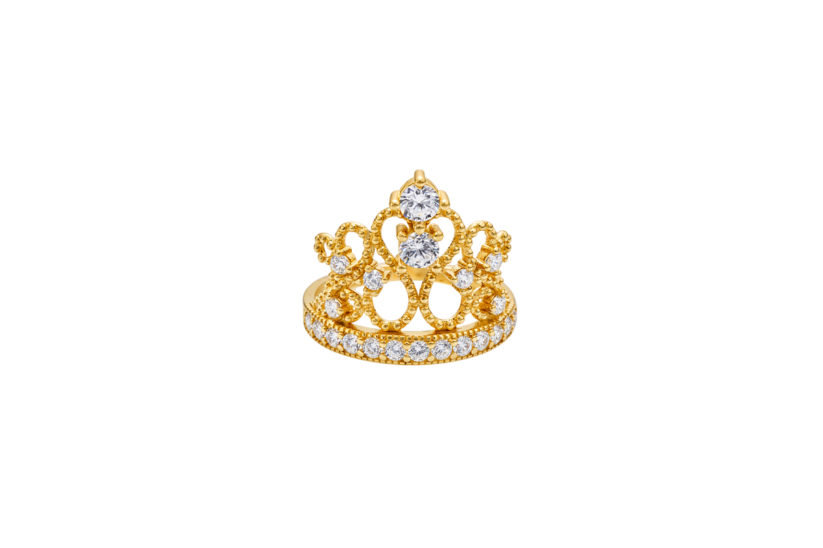14KT Gold Ring Women's Quincenaera "15" Tall Infinity Loop Tiara 8 White CZ Stones with White CZ Stones Band