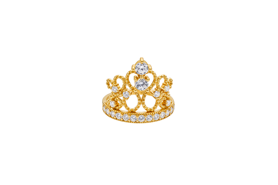 14KT Gold Ring Women's Quincenaera "15" Tall Infinity Loop Tiara 8 White CZ Stones with White CZ Stones Band