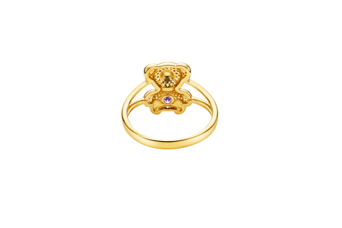 14KT Gold Ring Small White CZ Stones Teddy Bear with Red CZ Stones Eyes, Round Purple CZ Stone Belly, and Plain Split Band