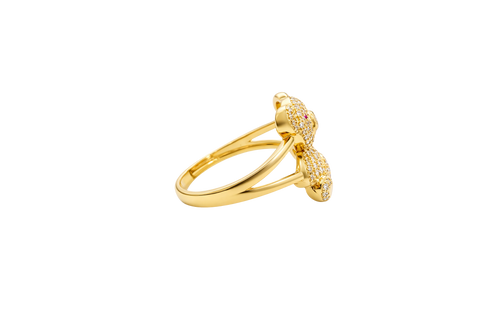 14KT Gold Ring Small White CZ Stones Teddy Bear with Red CZ Stones Eyes, Round Purple CZ Stone Belly, and Plain Split Band