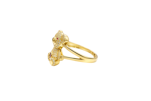 14KT Gold Ring Small White CZ Stones Teddy Bear with Red CZ Stones Eyes, Round Purple CZ Stone Belly, and Plain Split Band