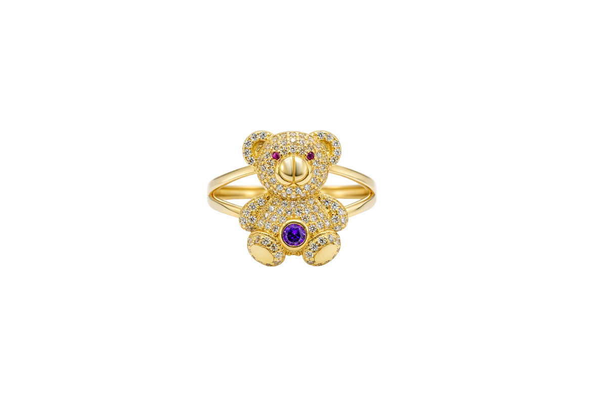14KT Gold Ring Small White CZ Stones Teddy Bear with Red CZ Stones Eyes, Round Purple CZ Stone Belly, and Plain Split Band
