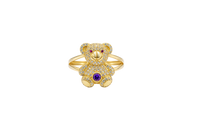 14KT Gold Ring Small White CZ Stones Teddy Bear with Red CZ Stones Eyes, Round Purple CZ Stone Belly, and Plain Split Band