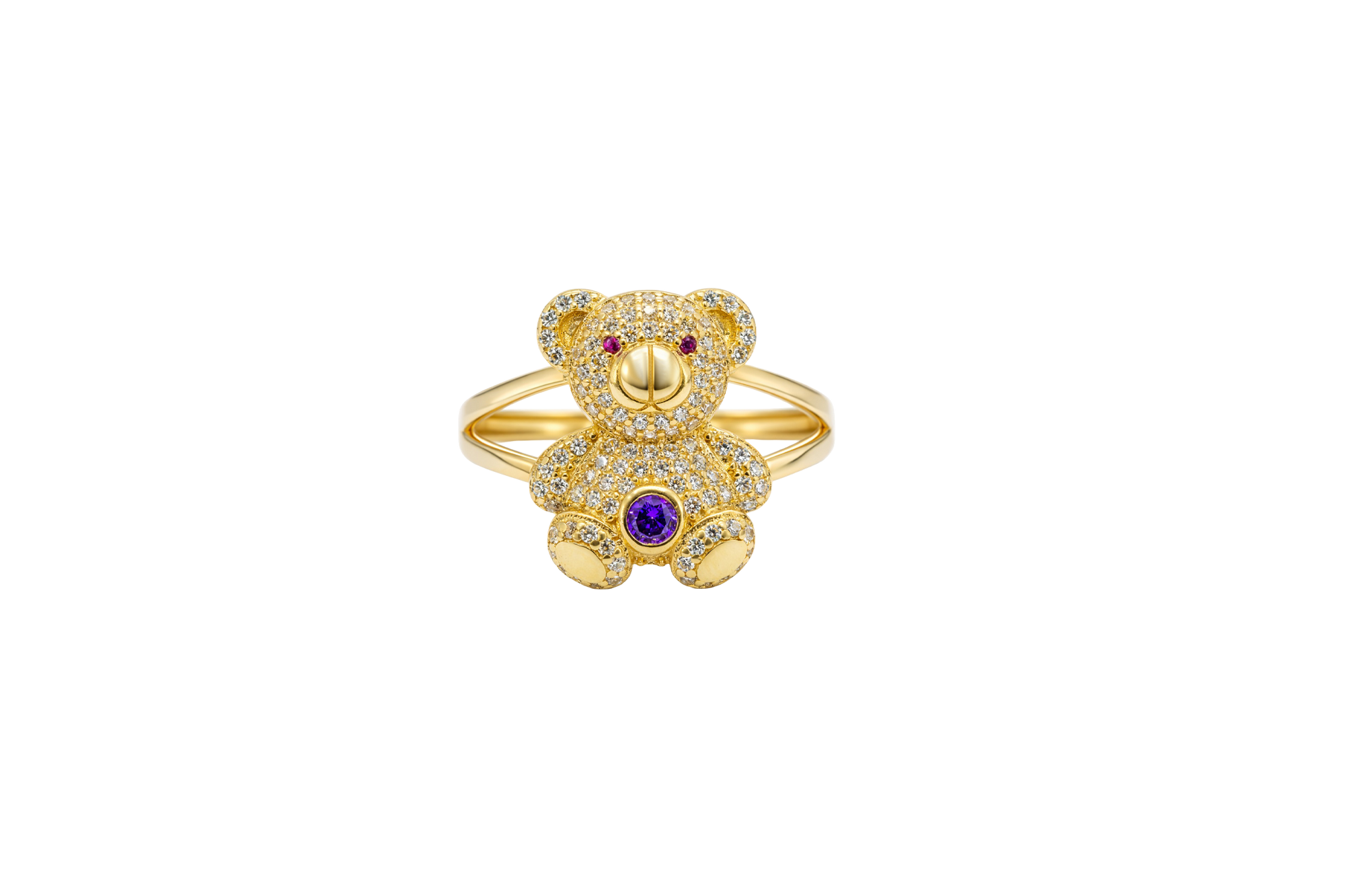 14KT Gold Ring Small White CZ Stones Teddy Bear with Red CZ Stones Eyes, Round Purple CZ Stone Belly, and Plain Split Band