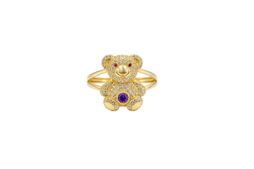 14KT Gold Ring Small White CZ Stones Teddy Bear with Red CZ Stones Eyes, Round Purple CZ Stone Belly, and Plain Split Band