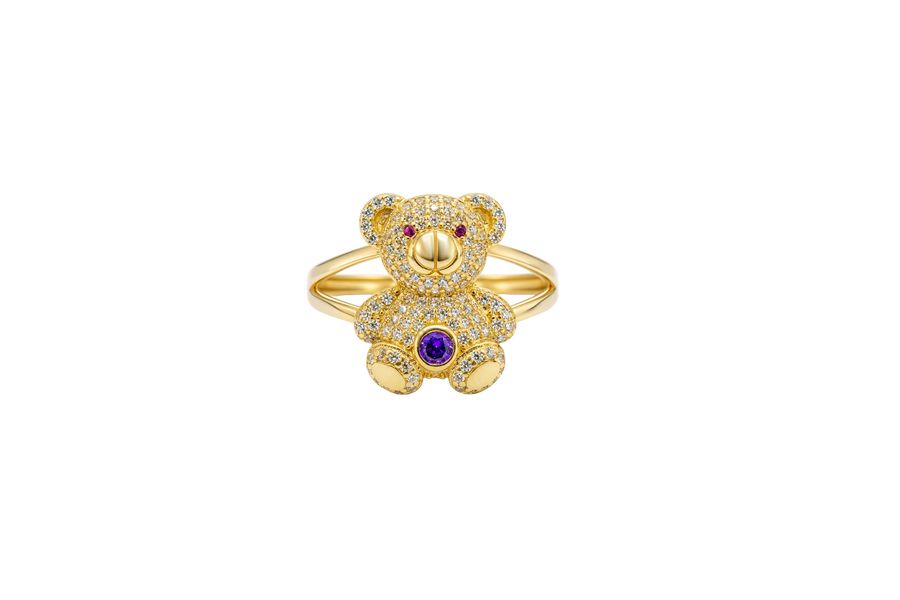 14KT Gold Ring Small White CZ Stones Teddy Bear with Red CZ Stones Eyes, Round Purple CZ Stone Belly, and Plain Split Band