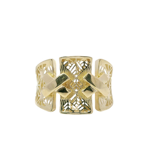14KT Gold Ring Women's Abstract Three Section Split Band Double "X" Lattice Triangle Cutout Design on Band