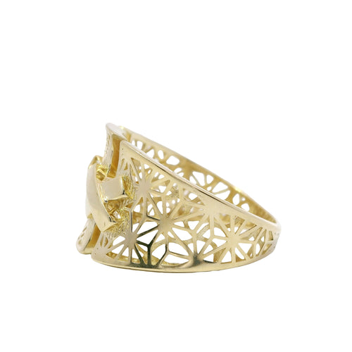 14KT Gold Ring Women's Abstract Three Section Split Band Double "X" Lattice Triangle Cutout Design on Band