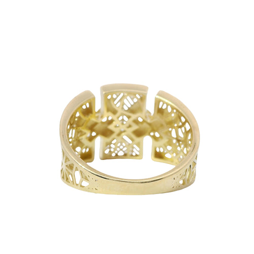 14KT Gold Ring Women's Abstract Three Section Split Band Double "X" Lattice Triangle Cutout Design on Band