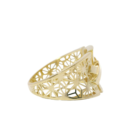 14KT Gold Ring Women's Abstract Three Section Split Band Double "X" Lattice Triangle Cutout Design on Band