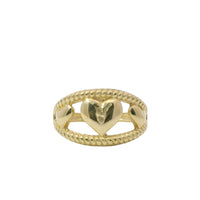 14KT Gold Ring Women's Three Triple Puff Hearts Between Split Ribbed Band