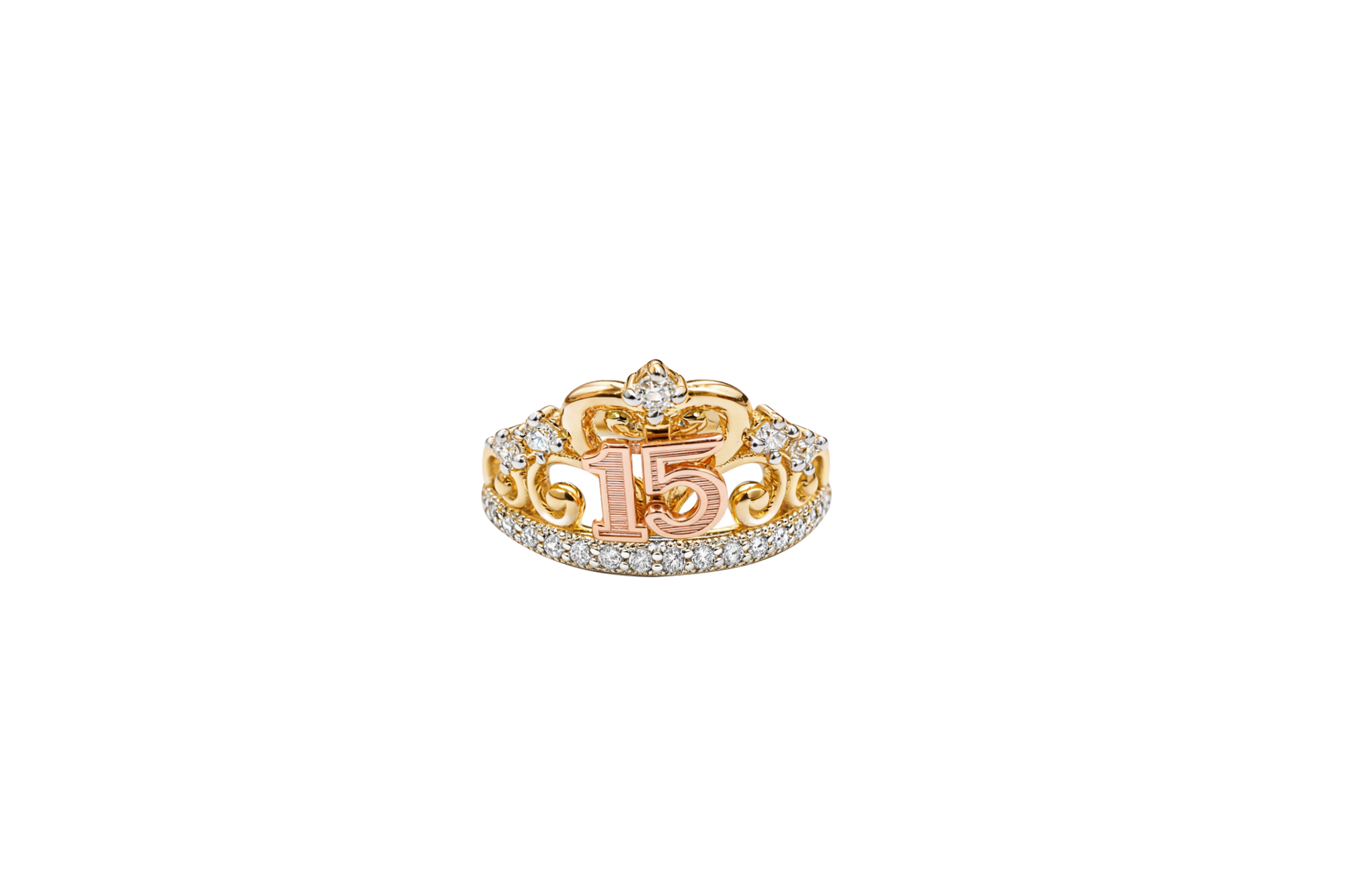 14KT Gold Ring Women's Tri Tone "15" Quinceanera Tiara with Five White CZ Stones White Gold Band Plain Band