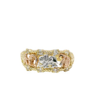 14KT Gold Ring Women's Tri Tone Good Luck Split Band with Four White CZ Stones Borders (Flower/ Horseshoe/ Elephant / Owl / Person / Flower / Eye/ 7 /Flower)