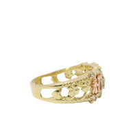14KT Gold Ring Women's Tri Tone Good Luck Split Band with Four White CZ Stones Borders (Flower/ Horseshoe/ Elephant / Owl / Person / Flower / Eye/ 7 /Flower)