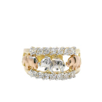 14KT Gold Ring Women's Tri Tone "Good Luck" Open Split Band with White CZ Stones Rope Border (2 Flowers/Man / Horseshoe/ Elephant/ 7/ Owl/ 2 Flowers)