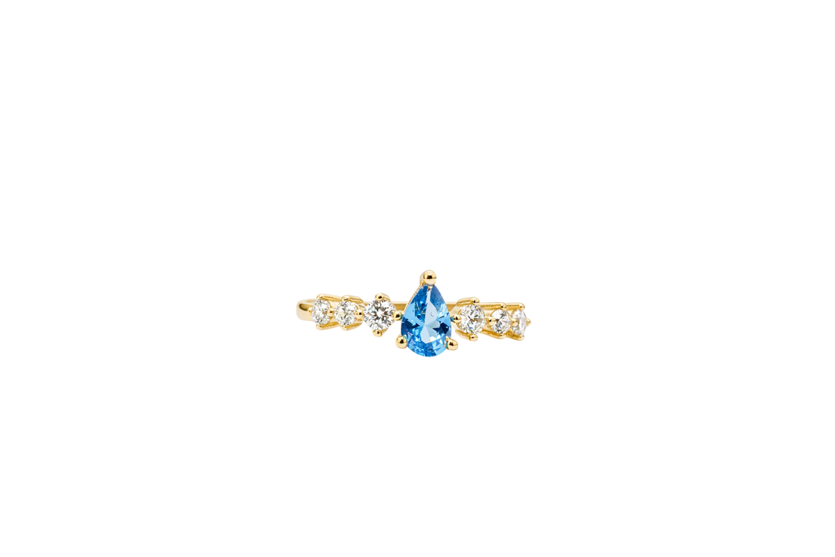 14KT Gold Ring Women's Turquoise Pear CZ Center 3 Round White CZ Stones Shoulders Plain Band