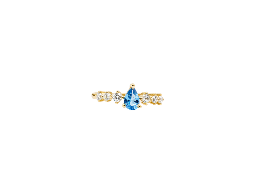 14KT Gold Ring Women's Turquoise Pear CZ Center 3 Round White CZ Stones Shoulders Plain Band