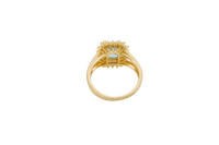 14KT Gold Ring Women's Rectangle Turquoise CZ Center with Round Double White CZ Stones Border and Plain Split Band