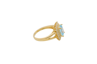 14KT Gold Ring Women's Rectangle Turquoise CZ Center with Round Double White CZ Stones Border and Plain Split Band