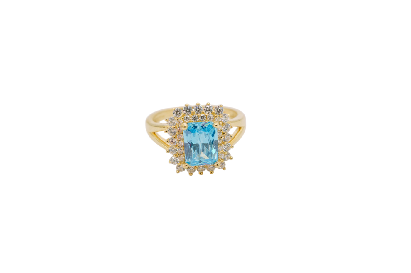 14KT Gold Ring Women's Rectangle Turquoise CZ Center with Round Double White CZ Stones Border and Plain Split Band