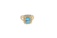 14KT Gold Ring Women's Rectangle Turquoise CZ Center with Round Double White CZ Stones Border and Plain Split Band