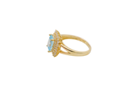 14KT Gold Ring Women's Rectangle Turquoise CZ Center with Round Double White CZ Stones Border and Plain Split Band