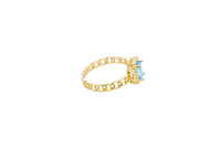 14KT Gold Ring Women's Rectangle Turquoise Center with White CZ Stone Border Chino Link Band