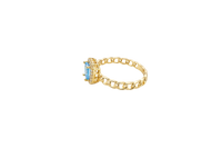 14KT Gold Ring Women's Rectangle Turquoise Center with White CZ Stone Border Chino Link Band