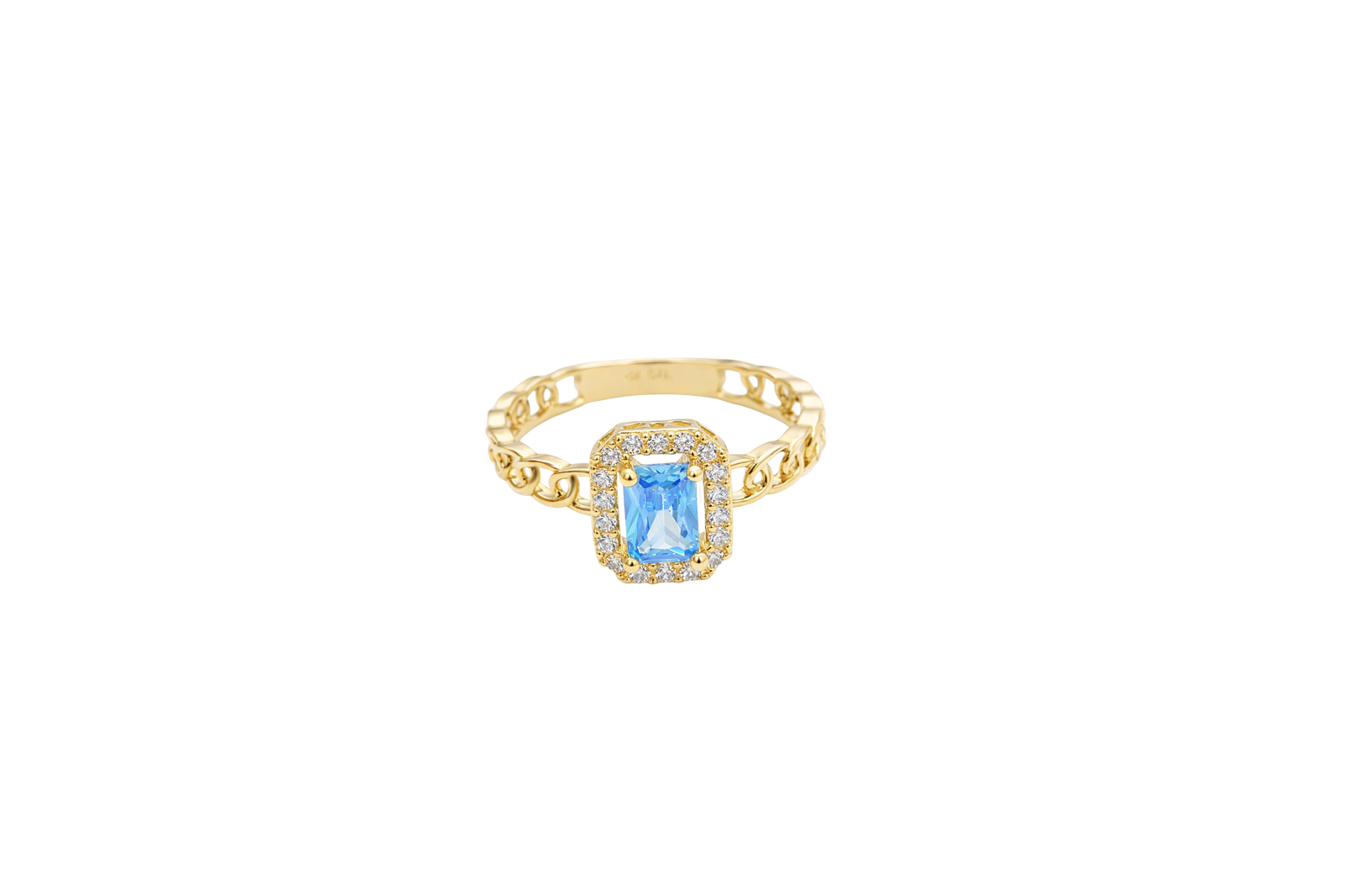 14KT Gold Ring Women's Rectangle Turquoise Center with White CZ Stone Border Chino Link Band