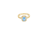 14KT Gold Ring Women's Rectangle Turquoise Center with White CZ Stone Border Chino Link Band