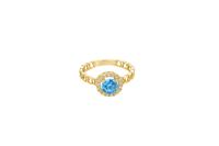 14KT Gold Ring Women's Round Turquoise Center with White CZ Stones Border Chino Link Band