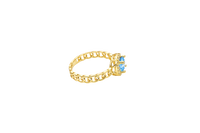 14KT Gold Ring Women's Square Turquoise Center with White CZ Stones Border Chino Link Band